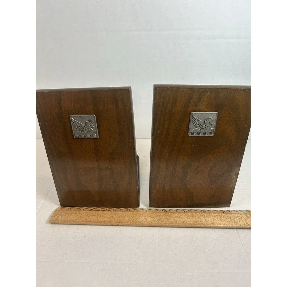 Pegasus Wood Bookends Mid Century Metal Inlay Horse 6.75” Tall Vintage Set of 2